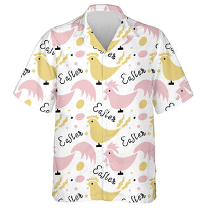 Yellow And Pink Hens Easter Lettering And Chicken Eggs Hawaiian Shirt, Hawaiian Shirt Gift, Christmas Gift