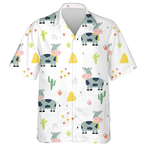 Cute Cartoon Cows Haystacks And Cactus Hawaiian Shirt,Hawaiian Shirt Gift, Christmas Gift