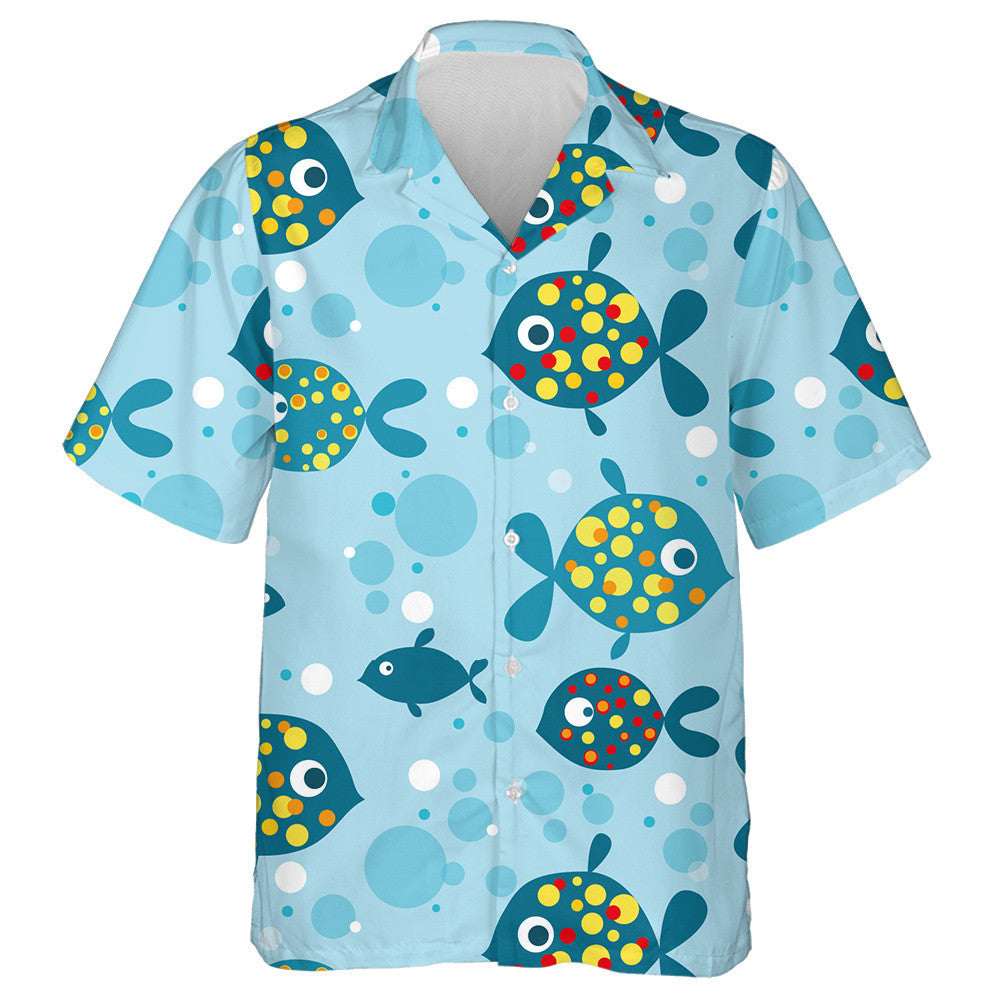 Colorful Dotted Fishes And Bubbles On Blue Background Hawaiian Shirt, Hawaiian Shirt Gift, Christmas Gift
