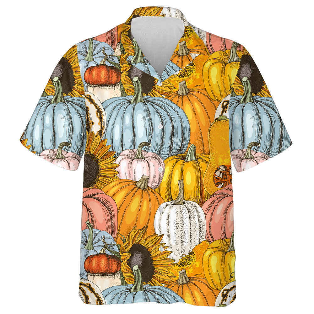 Hand Drawn Pumpkins And Sunflowers Happy Halloween Pattern Hawaiian Shirt, Hawaiian Shirt Gift, Christmas Gift