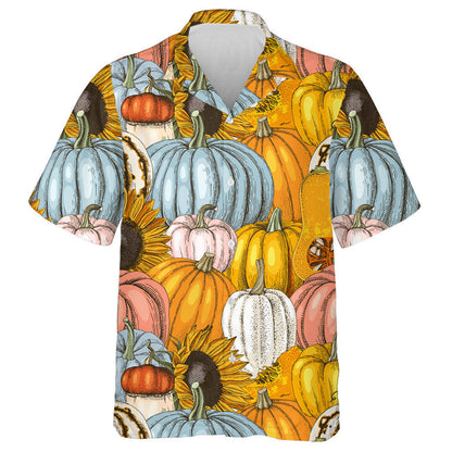 Hand Drawn Pumpkins And Sunflowers Happy Halloween Pattern Hawaiian Shirt, Hawaiian Shirt Gift, Christmas Gift