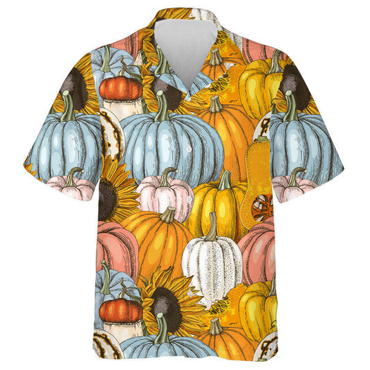 Hand Drawn Pumpkins And Sunflowers Happy Halloween Pattern Hawaiian Shirt, Hawaiian Shirt Gift, Christmas Gift