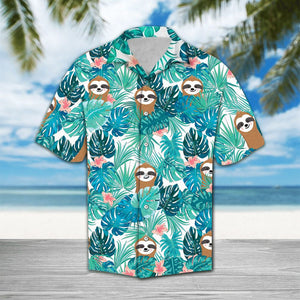 Cute Sloth On Tropical Forest Pattern Blue Theme Hawaiian Shirt, Hawaiian Shirt Gift, Christmas Gift