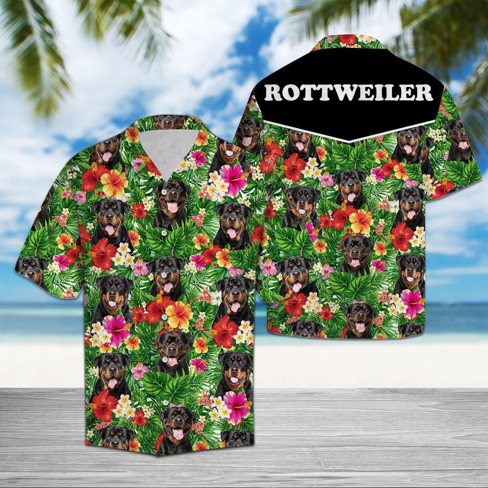 Hiding Rottweiler And Flower Tropical Plants Pattern Hawaiian Shirt, Hawaiian Shirt Gift, Christmas Gift
