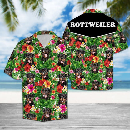 Hiding Rottweiler And Flower Tropical Plants Pattern Hawaiian Shirt, Hawaiian Shirt Gift, Christmas Gift