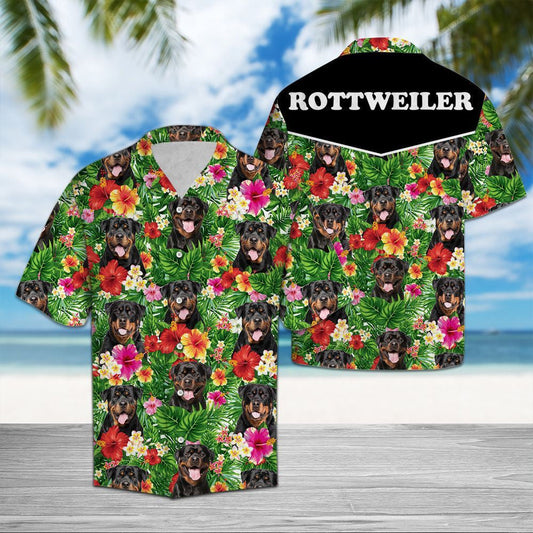 Hiding Rottweiler And Flower Tropical Plants Pattern Hawaiian Shirt, Hawaiian Shirt Gift, Christmas Gift