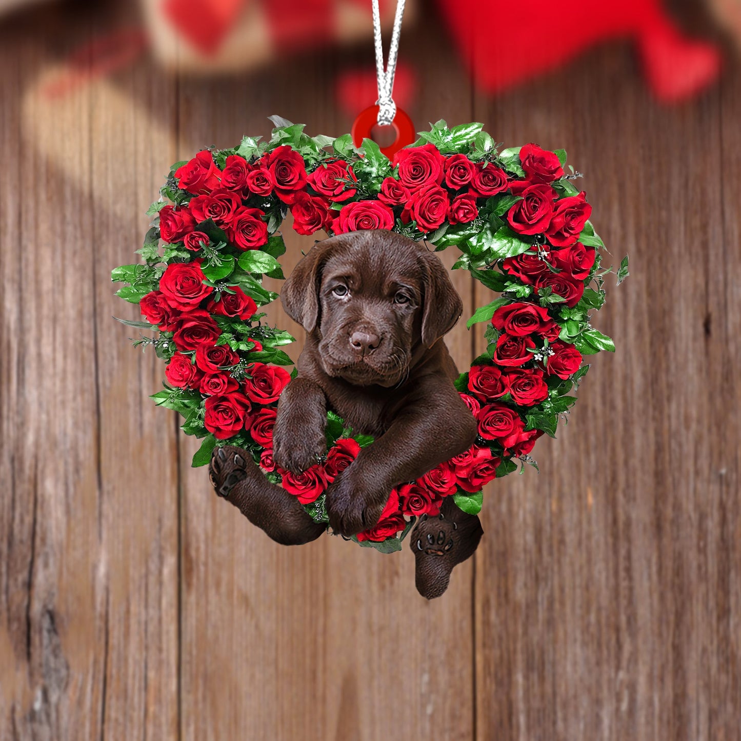 Chocolate Labrador Retriever1-Heart Wreath Two Sides Christmas Plastic Hanging Ornament, Christmas Shape Ornament, Happy Christmas Ornament, Christmas Gift, Christmas Decoration