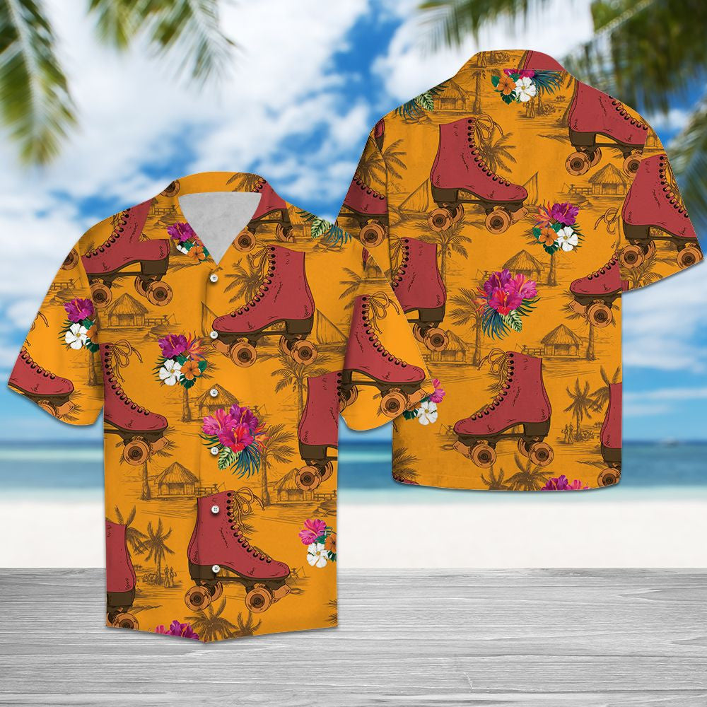 Awesome Pink Roller Skating Tropical Flowers Pattern Hawaiian Shirt, Hawaiian Shirt Gift, Christmas Gift