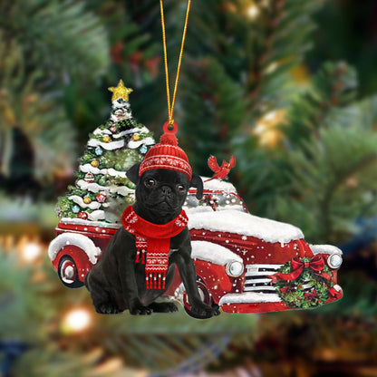 Black Pug-Christmas Car Two Sided Christmas Plastic Hanging Ornament, Christmas Ornament Gift, Christmas Gift, Christmas Decoration
