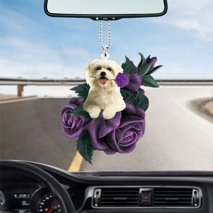 Maltese In Purple Rose Car Hanging Ornament, Christmas Decoration