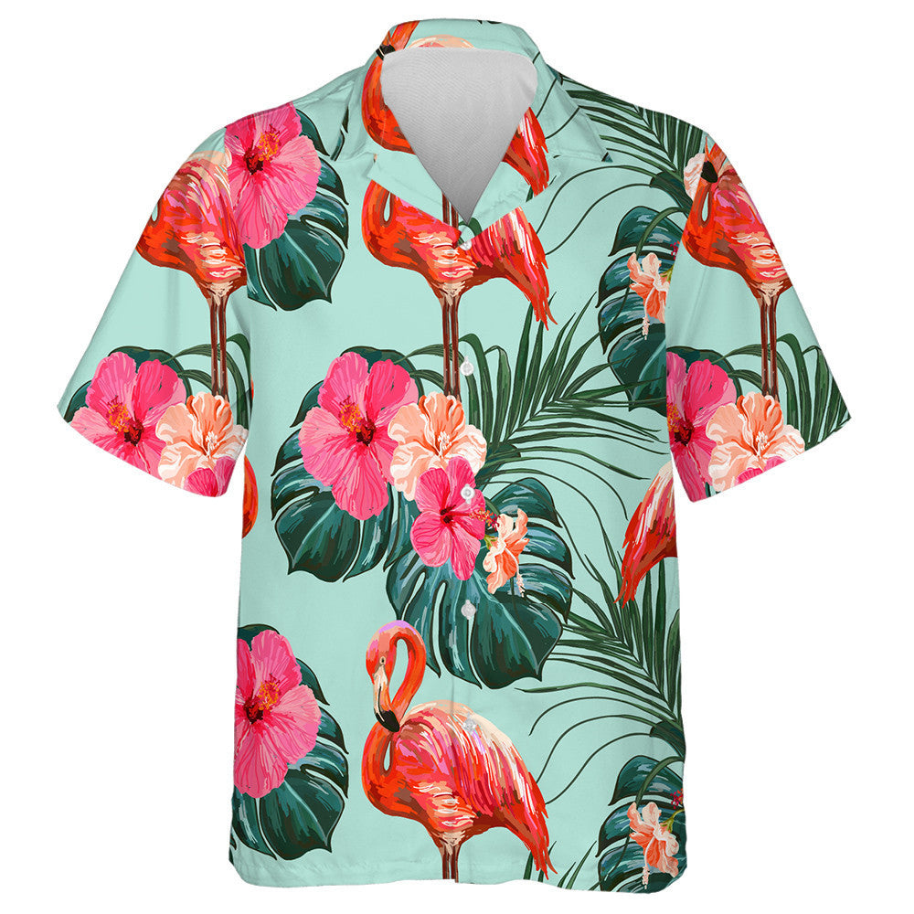 Beautiful Flamingo With Palm Leave And Floral Hawaiian Shirt, Hawaiian Shirt Gift, Christmas Gift