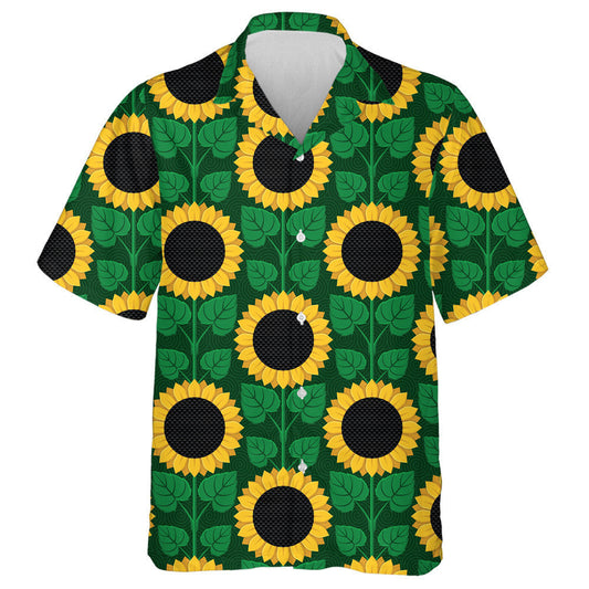 Illustrated Black Circle Sunflowers And Leaves Pattern Hawaiian Shirt, Hawaiian Shirt Gift, Christmas Gift