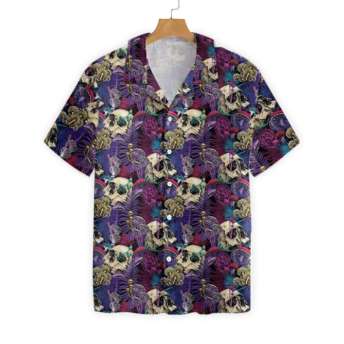 Bright Magic Psychedelic Mushrooms And Skulls Pattern Hawaiian Shirt, Hawaiian Shirt Gift, Christmas Gift