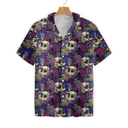 Bright Magic Psychedelic Mushrooms And Skulls Pattern Hawaiian Shirt, Hawaiian Shirt Gift, Christmas Gift
