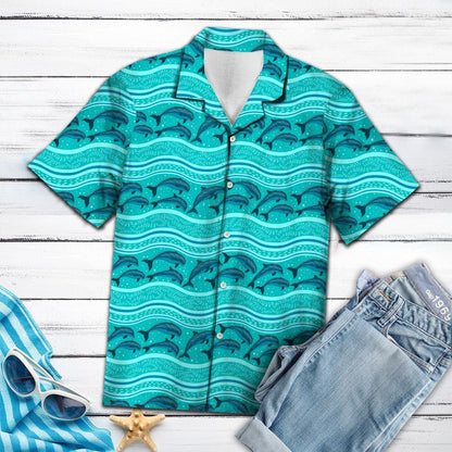 Teal Blue Jumping Dolphin Ocean Wave Pattern Hawaiian Shirt, Hawaiian Shirt Gift, Christmas Gift