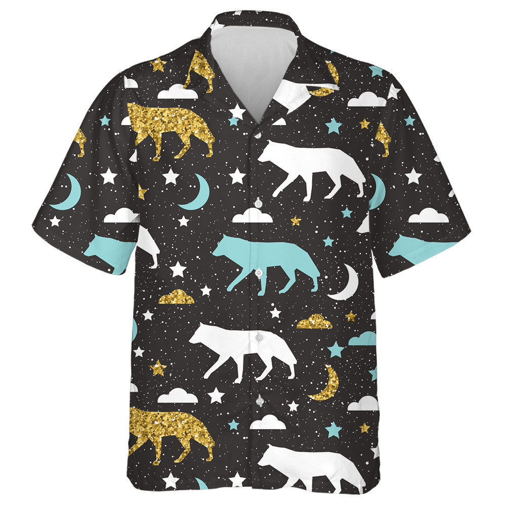 Gold Blue And White Abstract Wolf Hawaiian Shirt,Hawaiian Shirt Gift, Christmas Gift
