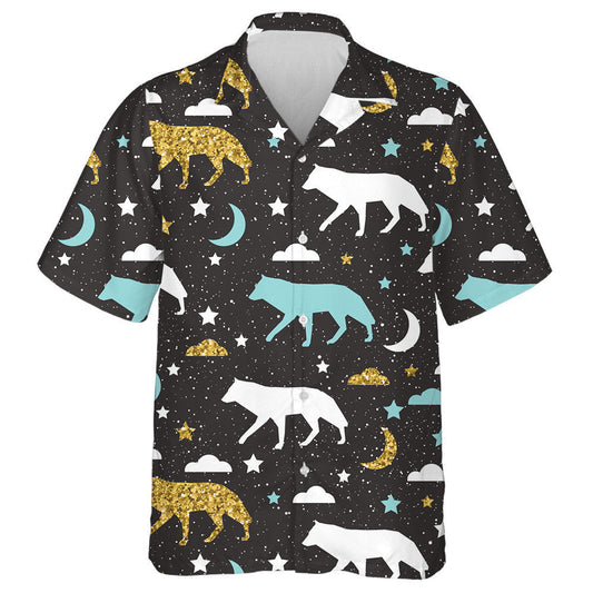 Gold Blue And White Abstract Wolf Hawaiian Shirt,Hawaiian Shirt Gift, Christmas Gift