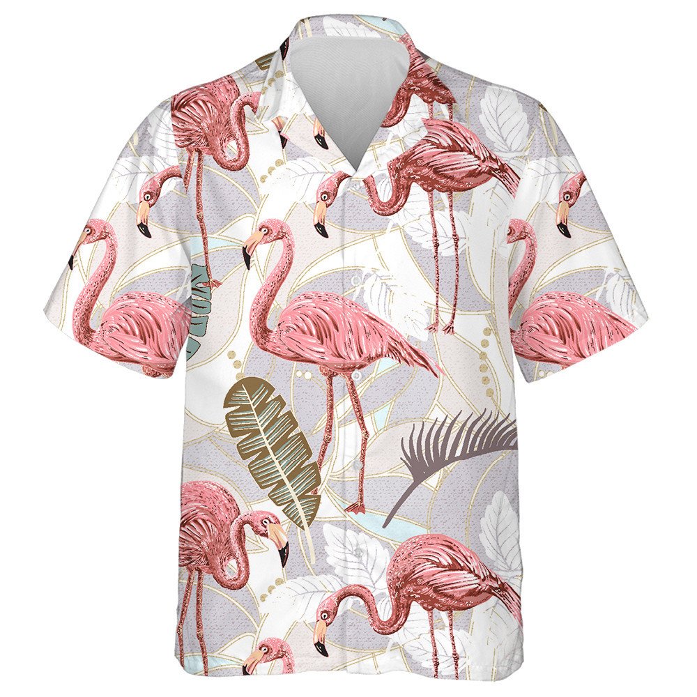 Retro Background With Pink Flamingo And Tropical Leaves Hawaiian Shirt, Hawaiian Shirt Gift, Christmas Gift