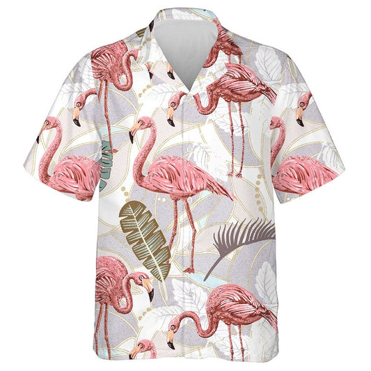 Retro Background With Pink Flamingo And Tropical Leaves Hawaiian Shirt, Hawaiian Shirt Gift, Christmas Gift