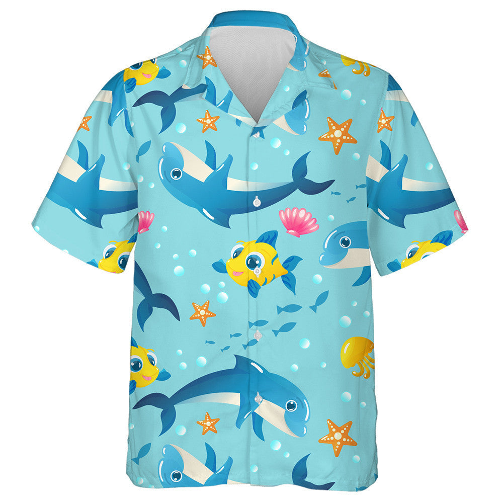 Pattern With Dolphins Fish Starfish Seashells Jellyfish And Bubbles Hawaiian Shirt, Hawaiian Shirt Gift, Christmas Gift