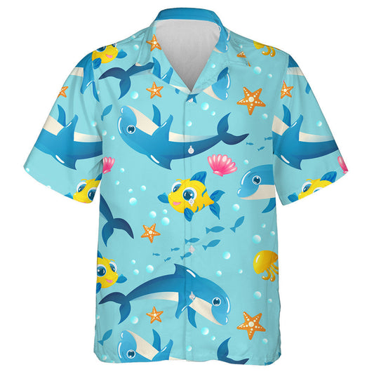 Pattern With Dolphins Fish Starfish Seashells Jellyfish And Bubbles Hawaiian Shirt, Hawaiian Shirt Gift, Christmas Gift
