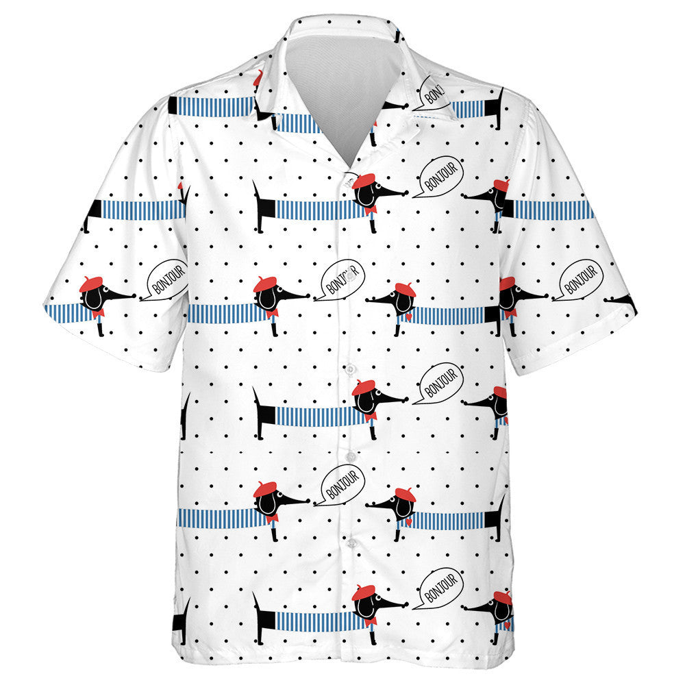 French Style Dachshund Saying Bonjour On Polka Dots Hawaiian Shirt, Hawaiian Shirt Gift, Christmas Gift
