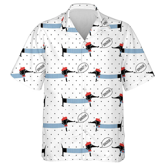 French Style Dachshund Saying Bonjour On Polka Dots Hawaiian Shirt, Hawaiian Shirt Gift, Christmas Gift