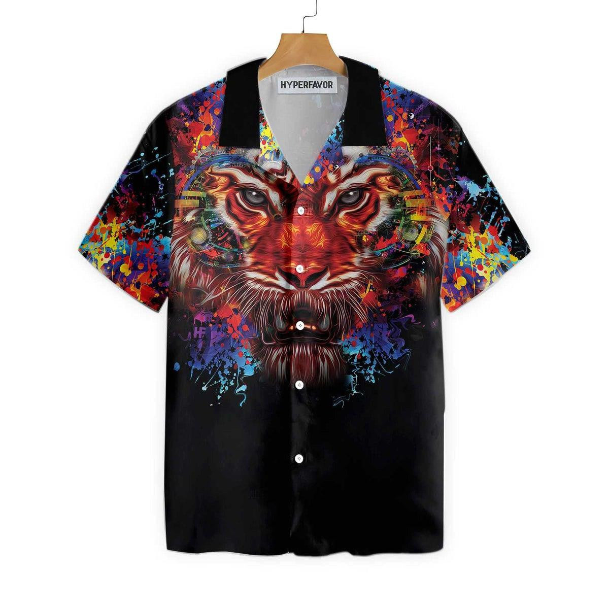 Vibrant Tiger Head Portrait On Black Themed Hawaiian Shirt, Hawaiian Shirt Gift, Christmas Gift