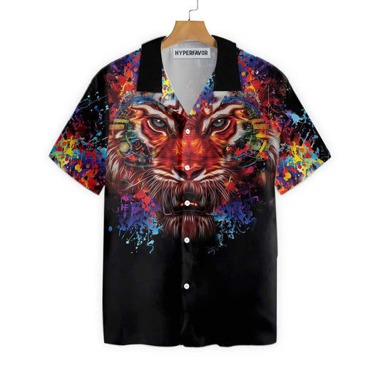 Vibrant Tiger Head Portrait On Black Themed Hawaiian Shirt, Hawaiian Shirt Gift, Christmas Gift