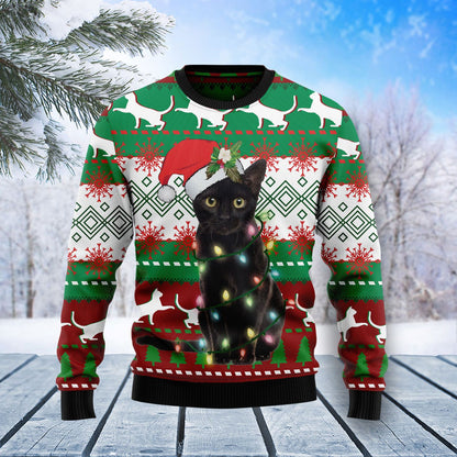 Black Cat Light Christmas Ugly Christmas Sweater, Christmas Ugly Sweater,Christmas Gift,Gift Christmas 2022