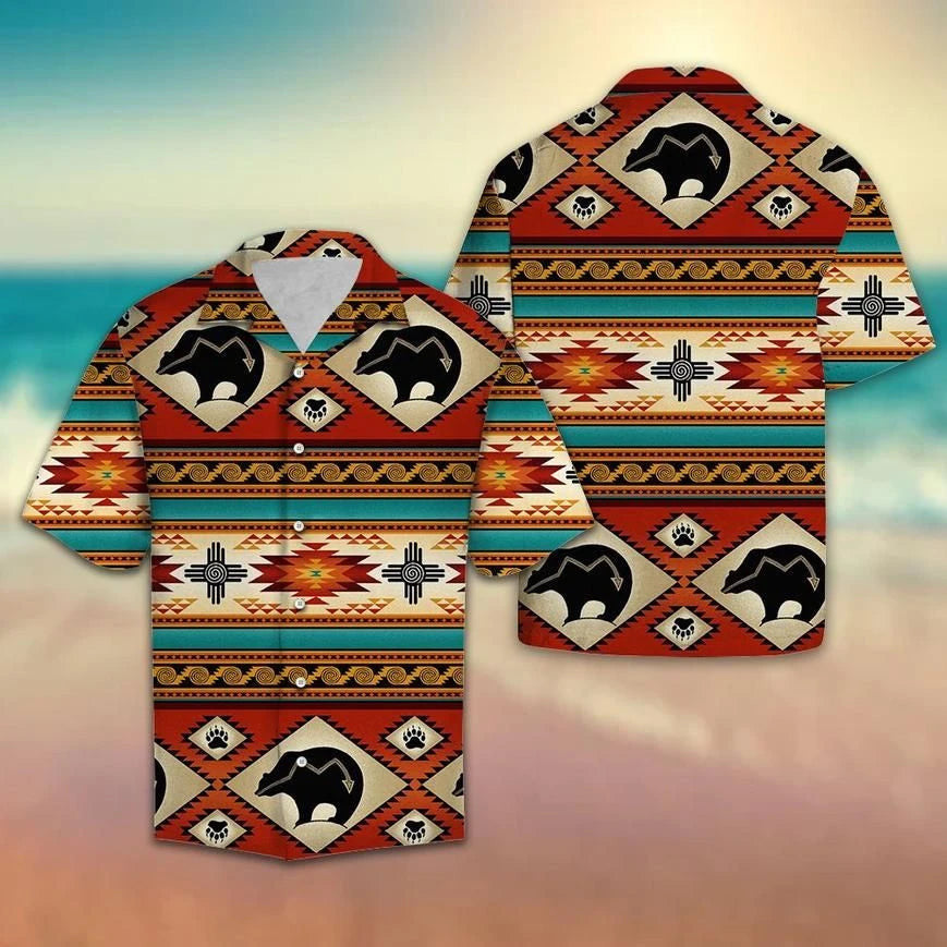 Native American Hawaiian Shirt Colorful Geometric Style Black Bear Pattern, Hawaiian Shirt Gift, Christmas Gift