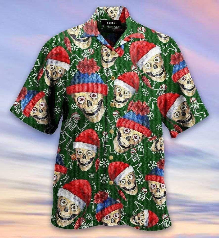 Funny Christmas Skull In Santa Hat Green Hawaiian Shirt, Hawaiian Shirt Gift, Christmas Gift