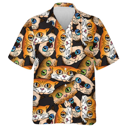 Cats With Green And Yellow Eyes On A Brown Background Hawaiian Shirt, Hawaiian Shirt Gift, Christmas Gift