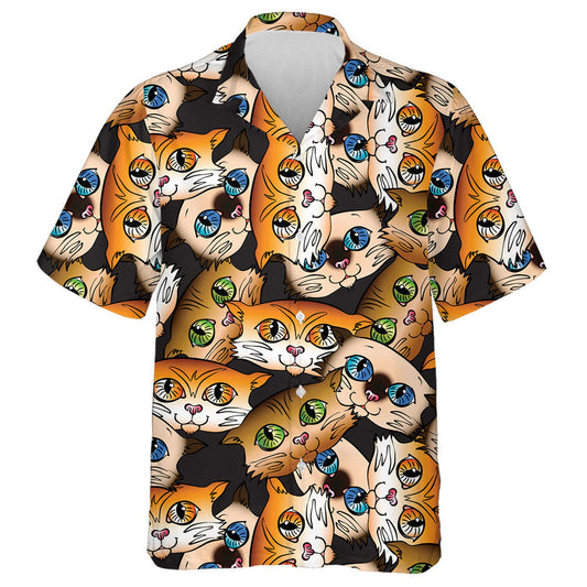Cats With Green And Yellow Eyes On A Brown Background Hawaiian Shirt, Hawaiian Shirt Gift, Christmas Gift