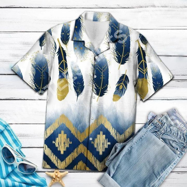 Blue And Yellow Feathers Beautiful Design Hawaiian Shirt, Hawaiian For Gift