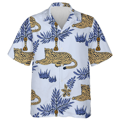 Hand Drawn Exotic Wild Leopards And Blue Leaf Hawaiian Shirt, Hawaiian Shirt Gift, Christmas Gift