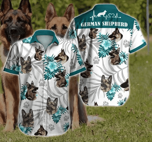 Love German Shepherd Heartbeat White And Teal Theme Hawaiian Shirt, Hawaiian Shirt Gift, Christmas Gift
