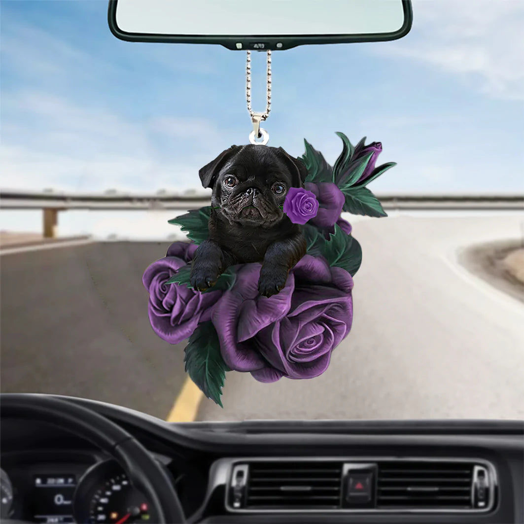 Pug In Purple Rose Car Hanging Ornament, Cute Dog Hanging Ornament For My Car, Christmas Decoration