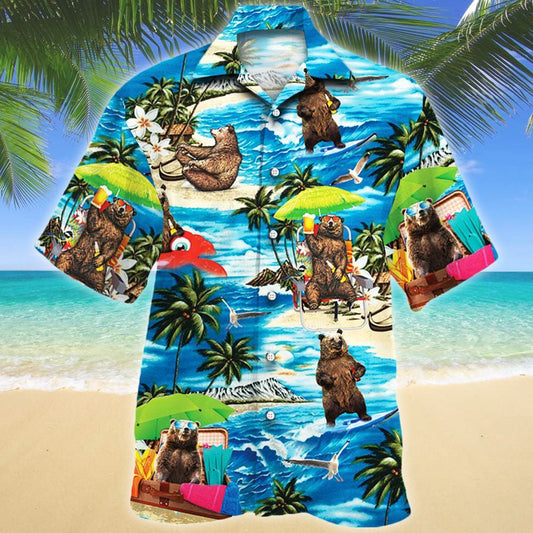 Bear Chilling Beach Vibe Holiday Vacation Pattern Hawaiian Shirt, Hawaiian Shirt Gift, Christmas Gift