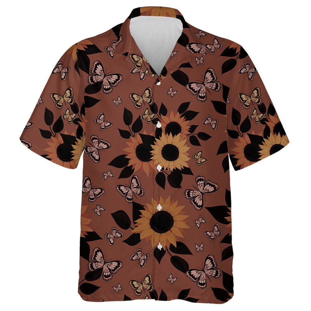Fairy Butterflies And Sunflowers On Burnt Color Background Hawaiian Shirt, Hawaiian Shirt Gift, Christmas Gift
