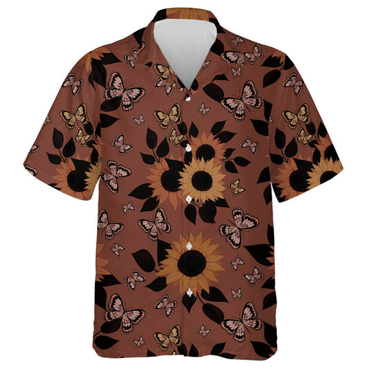 Fairy Butterflies And Sunflowers On Burnt Color Background Hawaiian Shirt, Hawaiian Shirt Gift, Christmas Gift