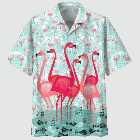 Flamingo Family On Blue Background Hawaiian Shirt, Hawaiian Shirt Gift, Christmas Gift