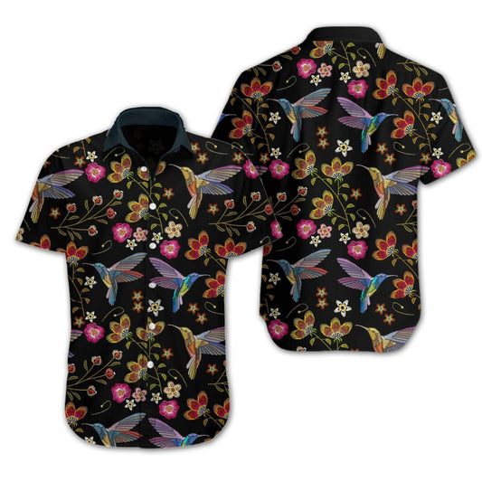 Night Hummingbird Embroidery The Blooming Season Design Hawaiian Shirt, Hawaiian Shirt Gift, Christmas Gift