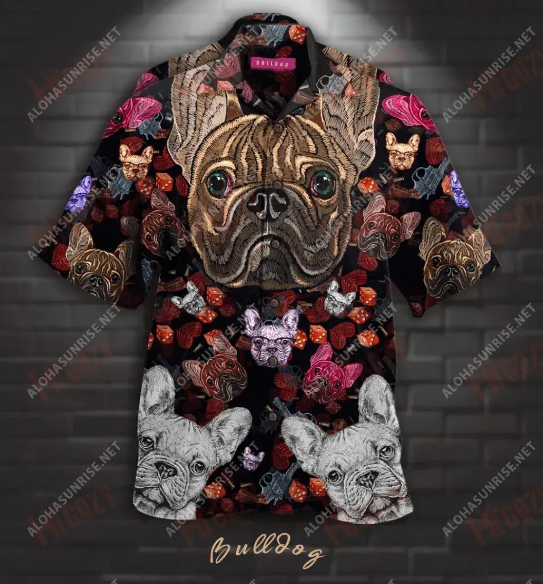 Bulldog Embroidery Unisex Hawaiian Shirt Ocean Short Sleeve Hawaiian Crazy Shirts Hawaiian Shirts For Women, Hawaiian Shirt Gift, Christmas Gift