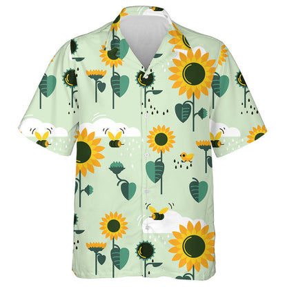 Rainy Day Illustration Of Sunflowers Clouds And Bees Hawaiian Shirt, Hawaiian Shirt Gift, Christmas Gift