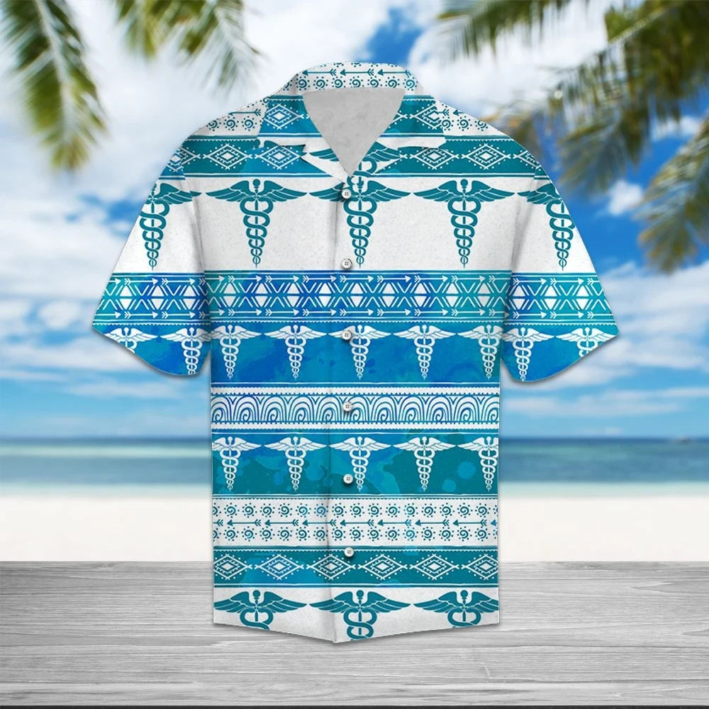 White And Blue Nurse Sign Feather Pattern Hawaiian Shirt, Hwaiian For Gift