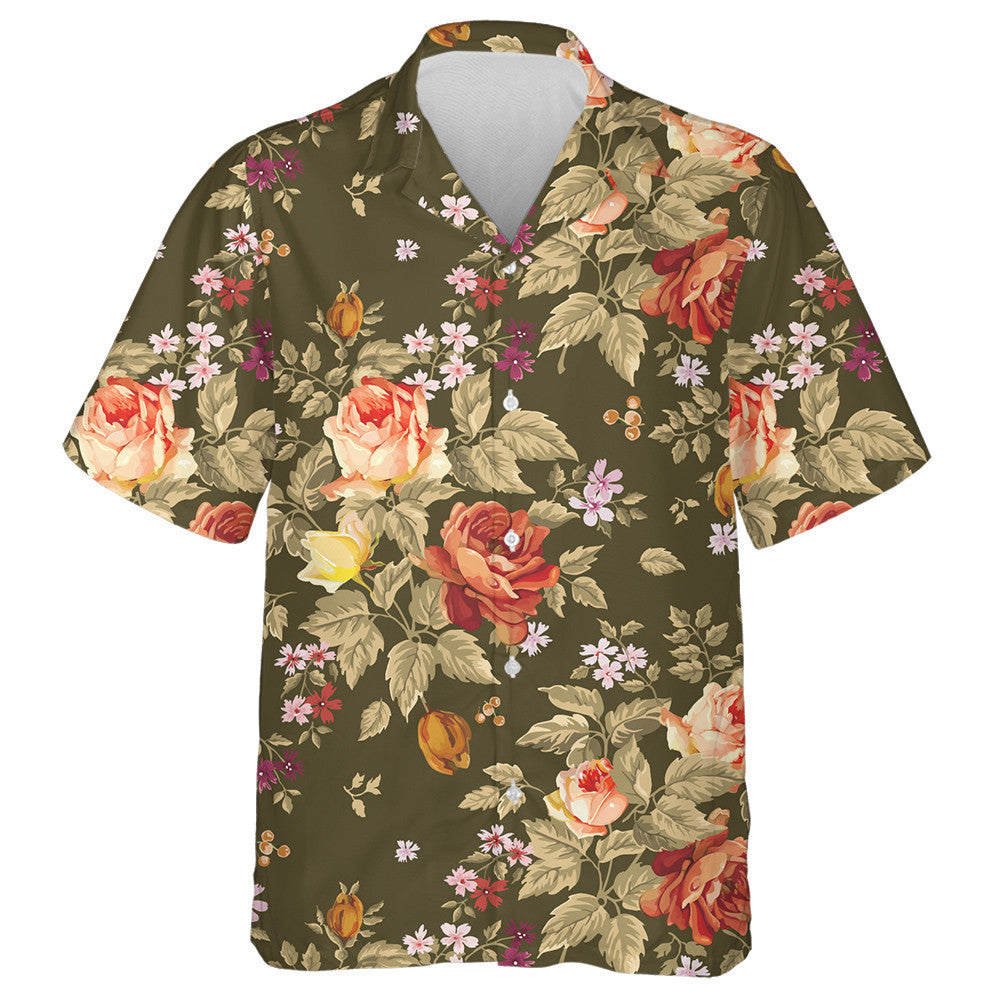 Watercolor Orange Rose Branch Colorful Flower Garden Pattern Hawaiian Shirt, Hawaiian Shirt Gift, Christmas Gift
