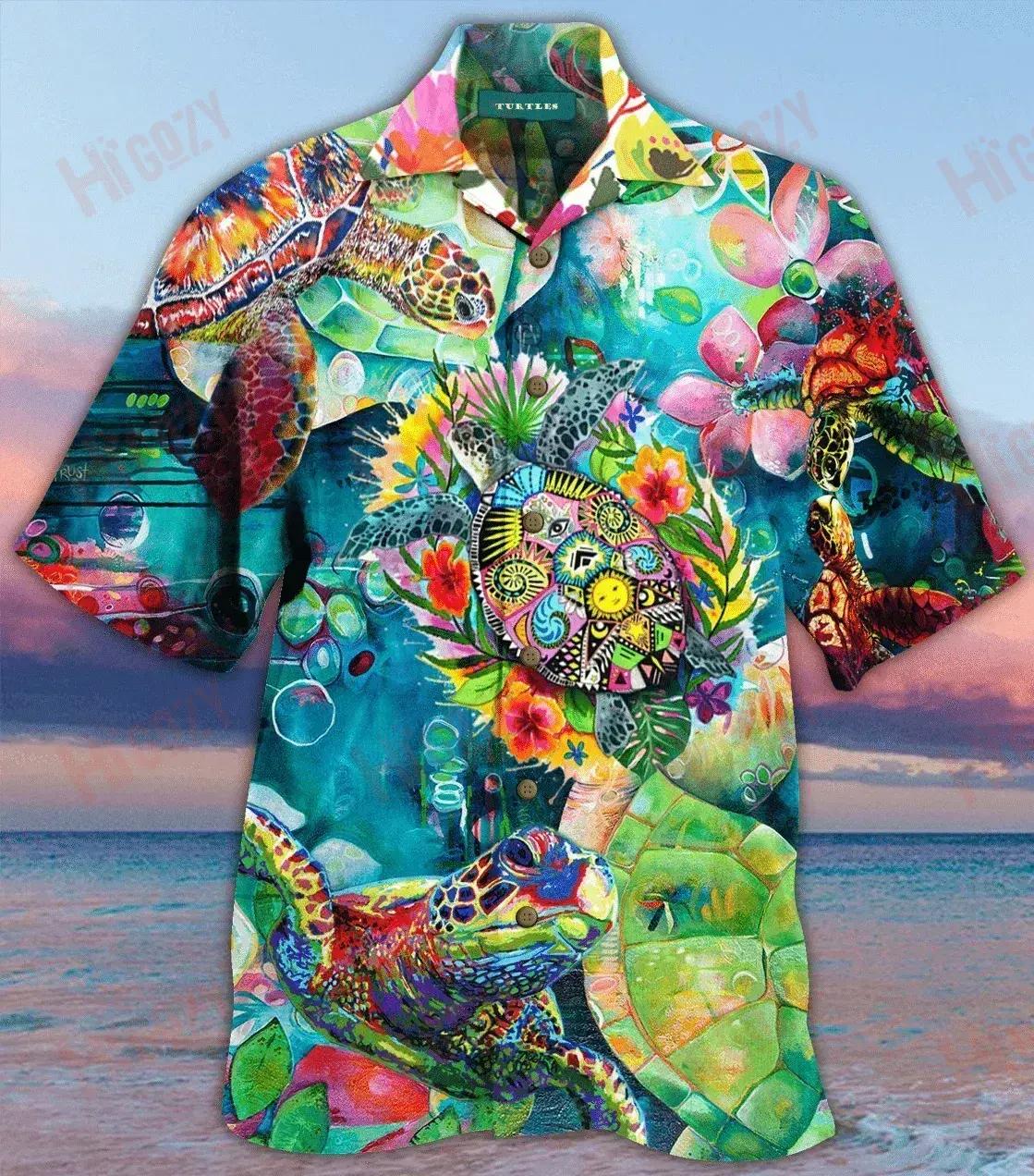 Colorful Turtle Unisex Hawaiian Shirt Ocean Short Sleeve Custom Hawaiian Shirts Hawaiian Shirts For Men, Hawaiian Shirt Gift, Christmas Gift