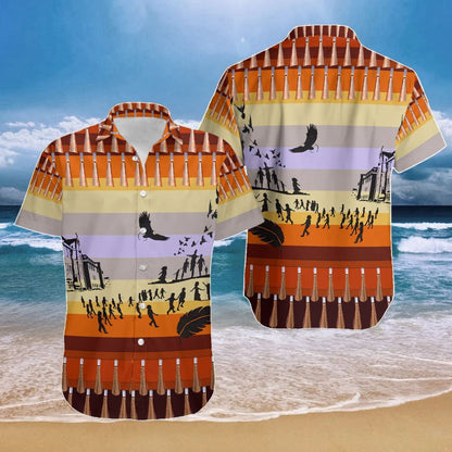 Native American Eagle And People Horizontal Stripe Pattern Hawaiian Shirt, Hawaiian Shirt Gift, Christmas Gift