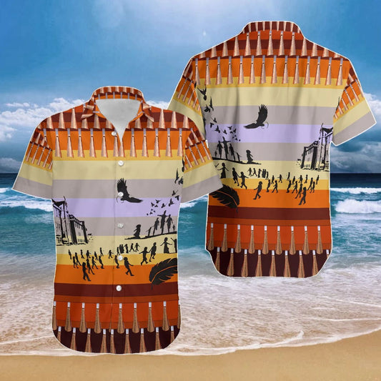 Native American Eagle And People Horizontal Stripe Pattern Hawaiian Shirt, Hawaiian Shirt Gift, Christmas Gift